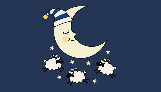 Adorably cute sleeping crescent moon and fluffy sheep wearing nightcaps in a starry night sky to help children sleep.