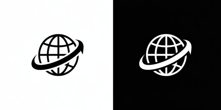 Minimalist globe icon with an orbiting arrow representing global connectivity and logistics