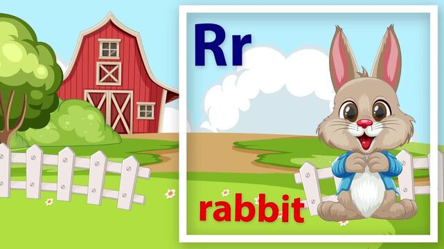 Educational Alphabet Animation Featuring Letter R and Cartoon Rabbit on Farm