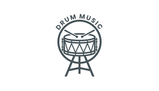 Drum with drumsticks icon inside a circle with text drum music above on an isolated clean white background for bands.