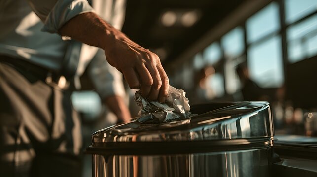 Man throwing crumpled paper into a modern office trash can with sunlight
