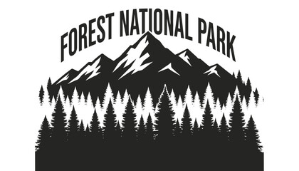 Fototapeta premium Forest national park logo design featuring high mountain peaks and pine tree silhouettes in black and white style.