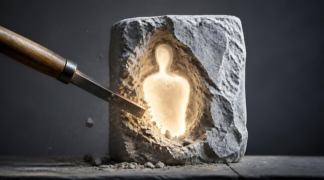 Sculptor carving a glowing human silhouette out of solid grey stone