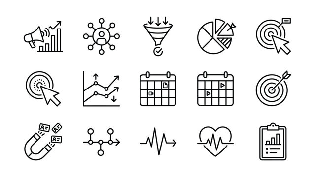 Collection of business analytics and marketing strategy icons with transparent background
