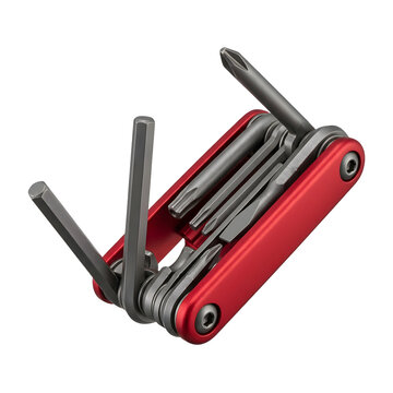 Red folding multi tool with various steel attachments on transparent background