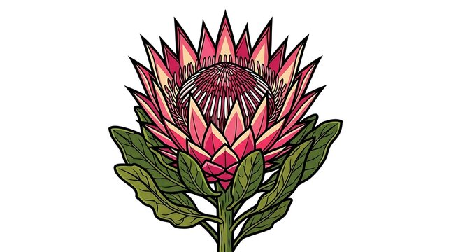 Detailed vector illustration of a vibrant King Protea flower showcasing its intricate pink petals and green leaves isolated on a white background for botanical and design projects