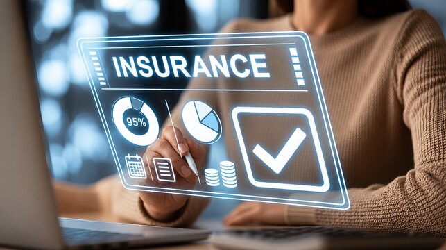 Business professional reviewing glowing insurance dashboard with coverage charts, approval checkmark and laptop, close up in modern office