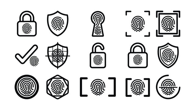 Collection of fingerprint security and authentication icons with various lock symbols