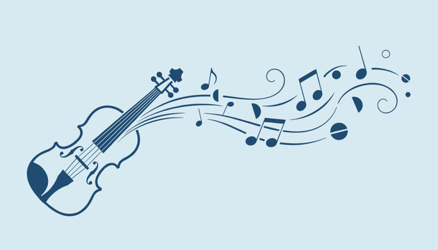 Artistic violin illustration with flowing musical notes and swirls representing classical music melody.