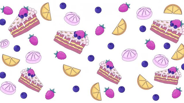 Berry layer cake slices with strawberries and blueberries floating animated background. Fruit desserts with meringues. Sweet treats. Transparent overlay 4K video. Flat 2D cartoon backdrop animation