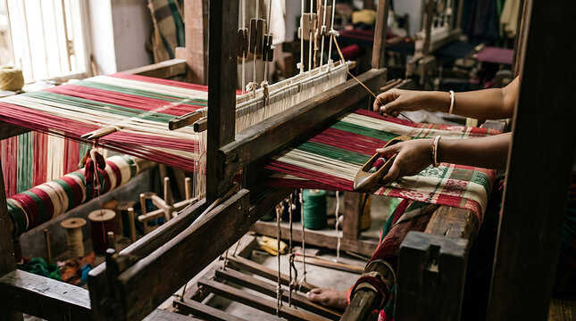 Close-up of hands working on a traditional handloom textile with weaving machine