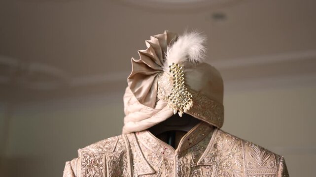Traditional Indian groom sherwani and turban displayed for a Lucknow wedding