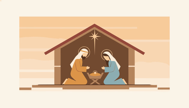 Classic nativity scene illustration of joseph and mary kneeling by baby jesus in the stable under star.