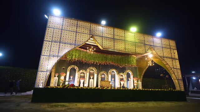 Illuminated wedding stage setup for an Indian marriage ceremony in Lucknow