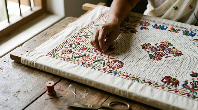 Close-up of hands embroidering colorful pattern on a fabric frame with folk art
