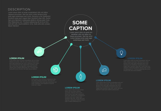 Professional infographic template featuring five connected steps with icons on a dark background. This infographic template is ideal for business data visualization presentations.