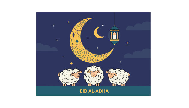 Islamic holy celebration of Eid Al-Adha card design featuring cute sheep standing under a beautiful crescent moon and lantern at night.
