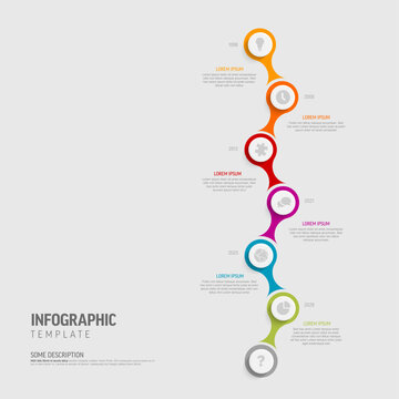 This vertical timeline infographic template features colorful steps for a clear timeline infographic presentation. Each step in the infographic offers space for icons and text.
