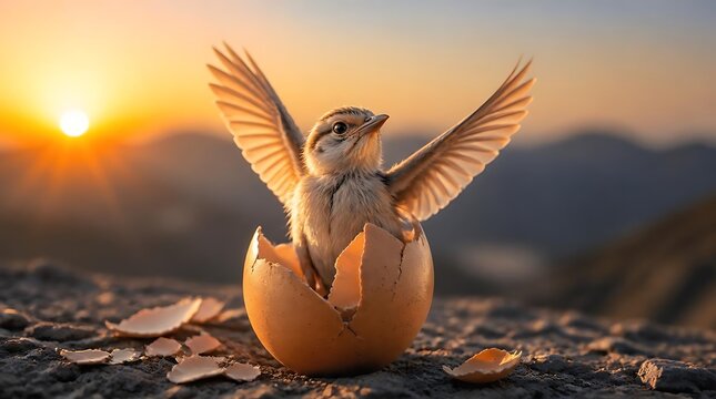 Newborn chick hatching from an egg at sunset in nature