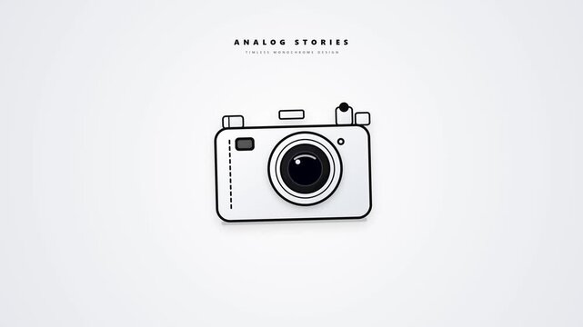 High-converting modern 16:9 widescreen commercial motion graphic featuring a stylized flat vector and 3D icon monochrome analog camera,