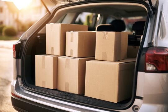 Boxes loaded in a vehicle parked outside a house during the evening