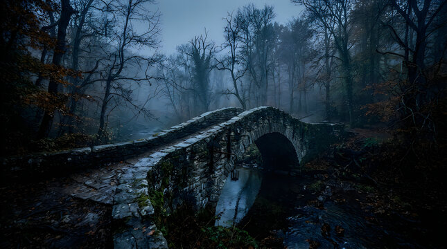 Old stone bridge over a small river in a dark forest