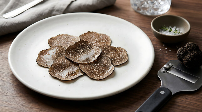 Thinly sliced truffle on a plate with a truffle slicer tool
