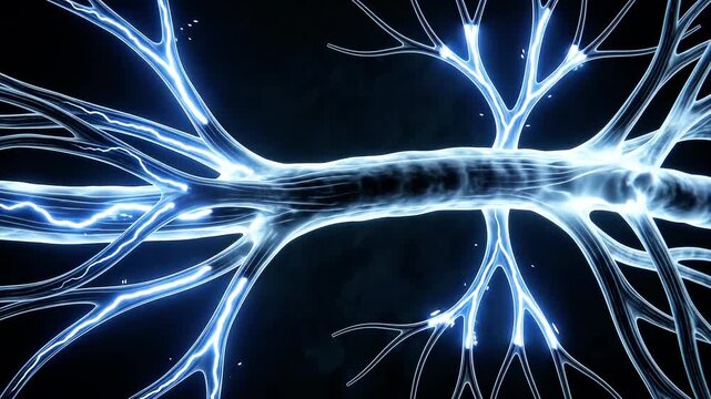 Dynamic 3D animation of a glowing blue neuron transmitting electrical impulses within the human nervous system, symbolizing brain activity, neurological processes, and digital communication
