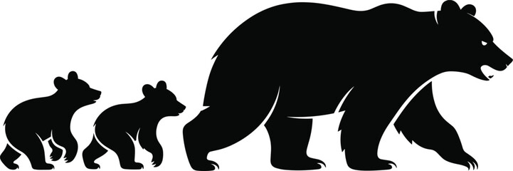 Silhouette of a large grizzly bear walking alongside two small bear cubs in a row, isolated on a white background, black and white © Md Nahid