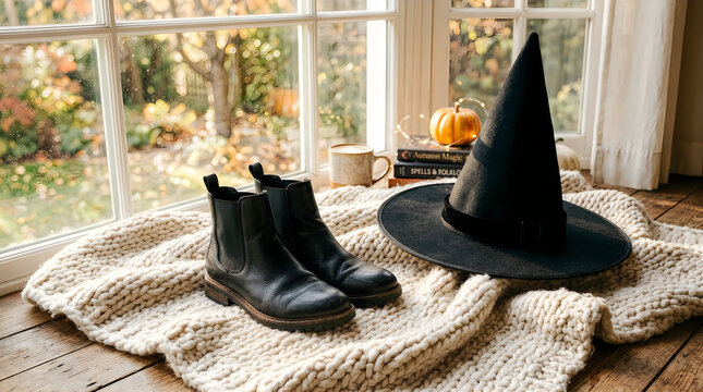 Black witch hat and boots on a rug by a sunny window