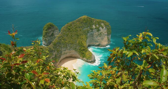 Natural window through vegetation revealing iconic Kelingking Beach in Nusa Penida Bali