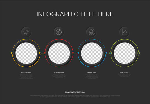 A clean business infographic template featuring four circular placeholders. This infographic layout includes sleek icons and editable text areas on a dark professional background.