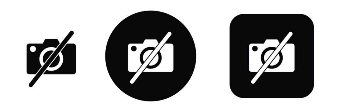 Camera off icon set with disabled camera symbols in solid button style. Webcam control icons for video call and virtual meeting apps
