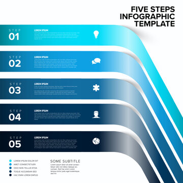 Modern infographic template featuring five curved blue business steps. Use this professional infographic template for presentations, workflow, and strategic business steps.