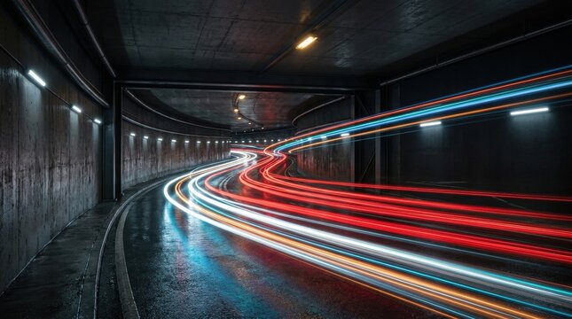 Vibrant neon light streaks and Light trails curving through hig cutting through metropolitan highway overpass after dark