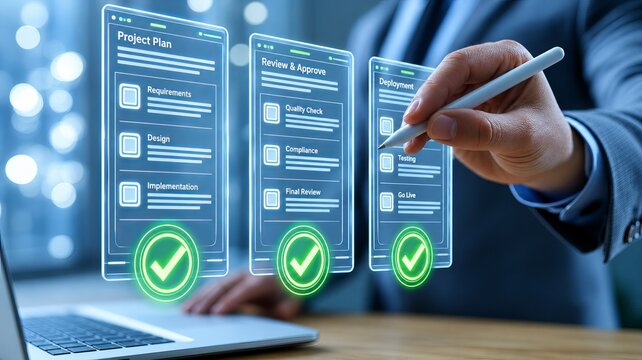 Business professional using stylus on glowing project management workflow interface with approval checklists and laptop, close up in modern office