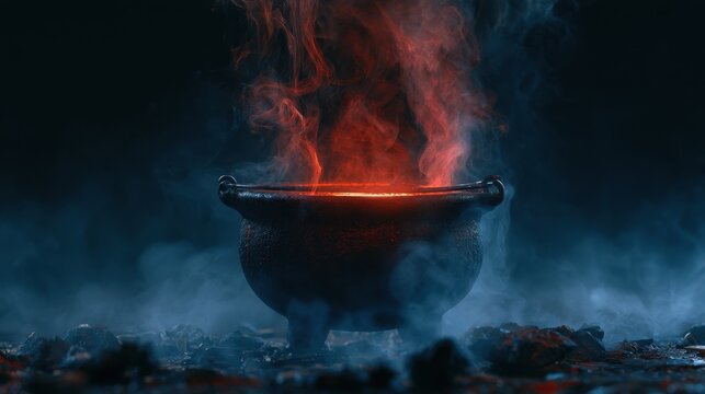 Dark iron cauldron with glowing red hot ember and rising smoky steam on charred ground in mystical eerie environment