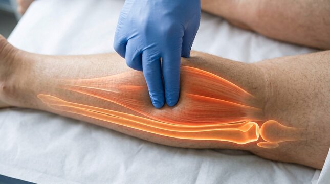 Doctor in blue gloves pressing on a patient's calf muscle with glowing anatomical visualization of the gastrocnemius muscle and tibia bone.