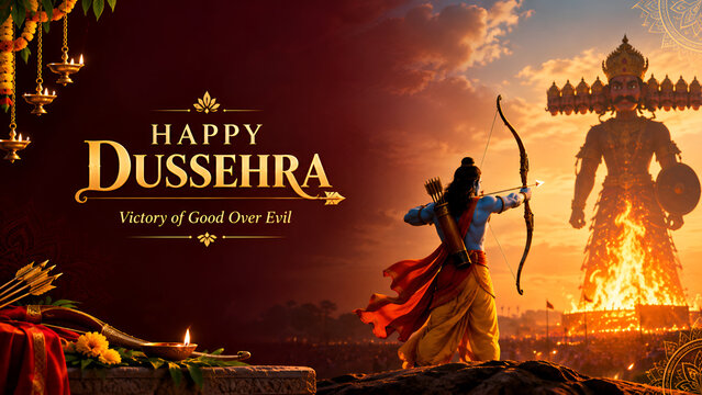 Lord rama aiming bow at burning effigy of ravana for dussehra festival celebration