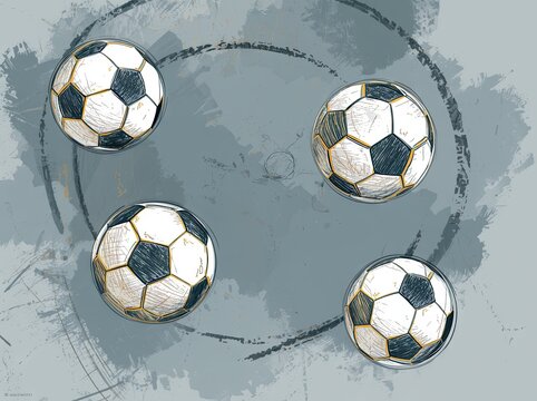 Four soccer balls arranged in circular pattern on textured background