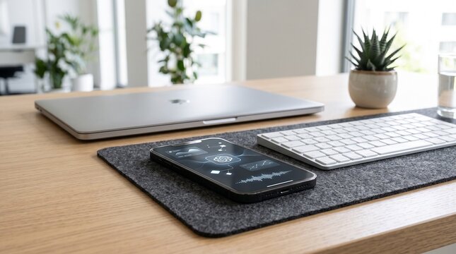 Minimalist desk setup featuring a laptop, keyboard, smartphone, and a small potted plant, perfect for a modern home office or workspace