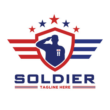 Soldier is saluting. Military logo design vector.