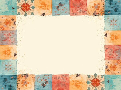 Patchwork floral tile border frame with cream center