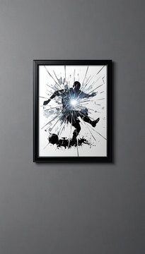 Framed abstract ink splash figure leaping on gray wall