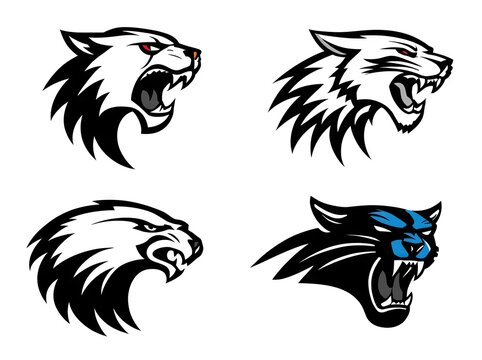 Collection of four aggressive animal head logos including wolves and panther