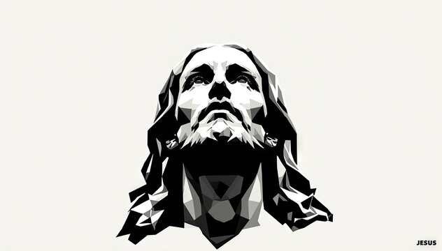 Low poly black and white portrait of Jesus looking upwards