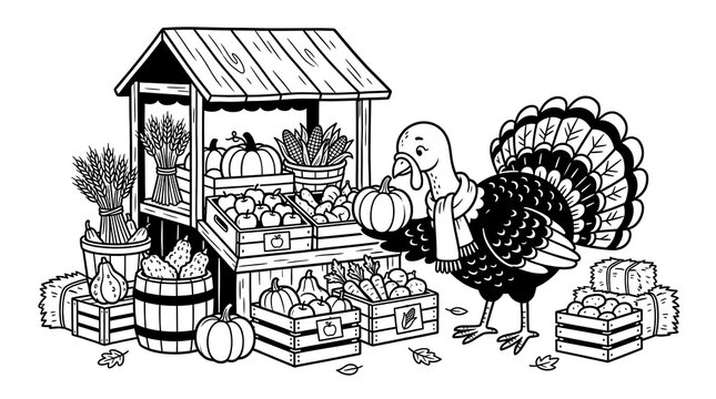 A charming vintage illustration depicting a festive thanksgiving feast with a prominent turkey and family gathering