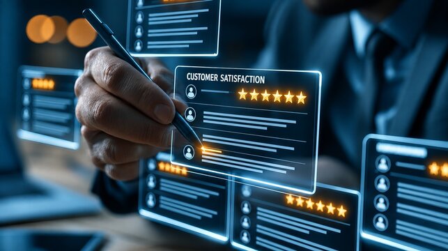 Business professional writing on glowing customer satisfaction feedback interface with five star ratings and review profiles, close up in modern office