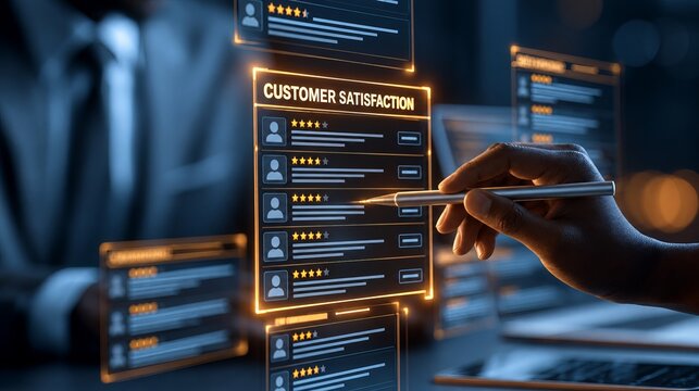 Business professional using stylus on glowing customer satisfaction rating dashboard with review profiles and star ratings, close up in modern office