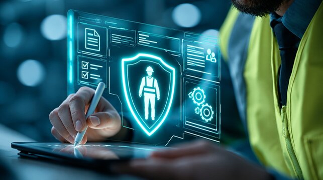 Construction safety professional using stylus on glowing digital worker protection dashboard with shield, checklist and gear icons, close up in modern workplace
